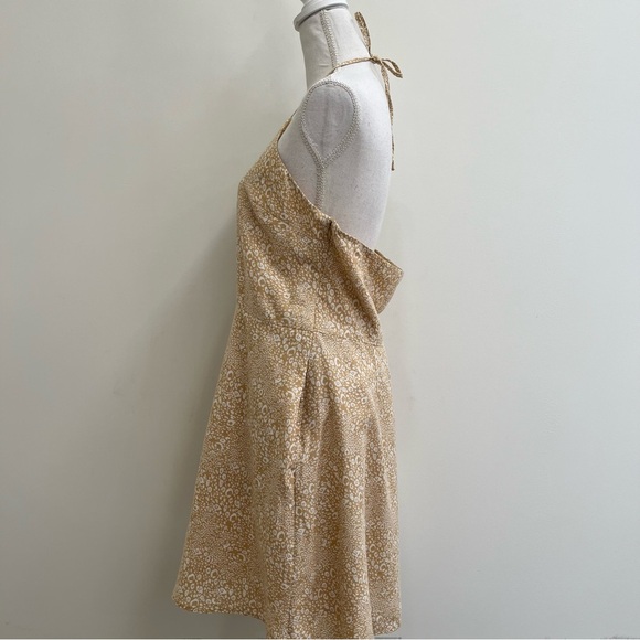 Gap Halter-Neck Mini Dress Linen Cotton Blend Tan Cheetah Print Y2K Size 14 - Picture 3 of 10